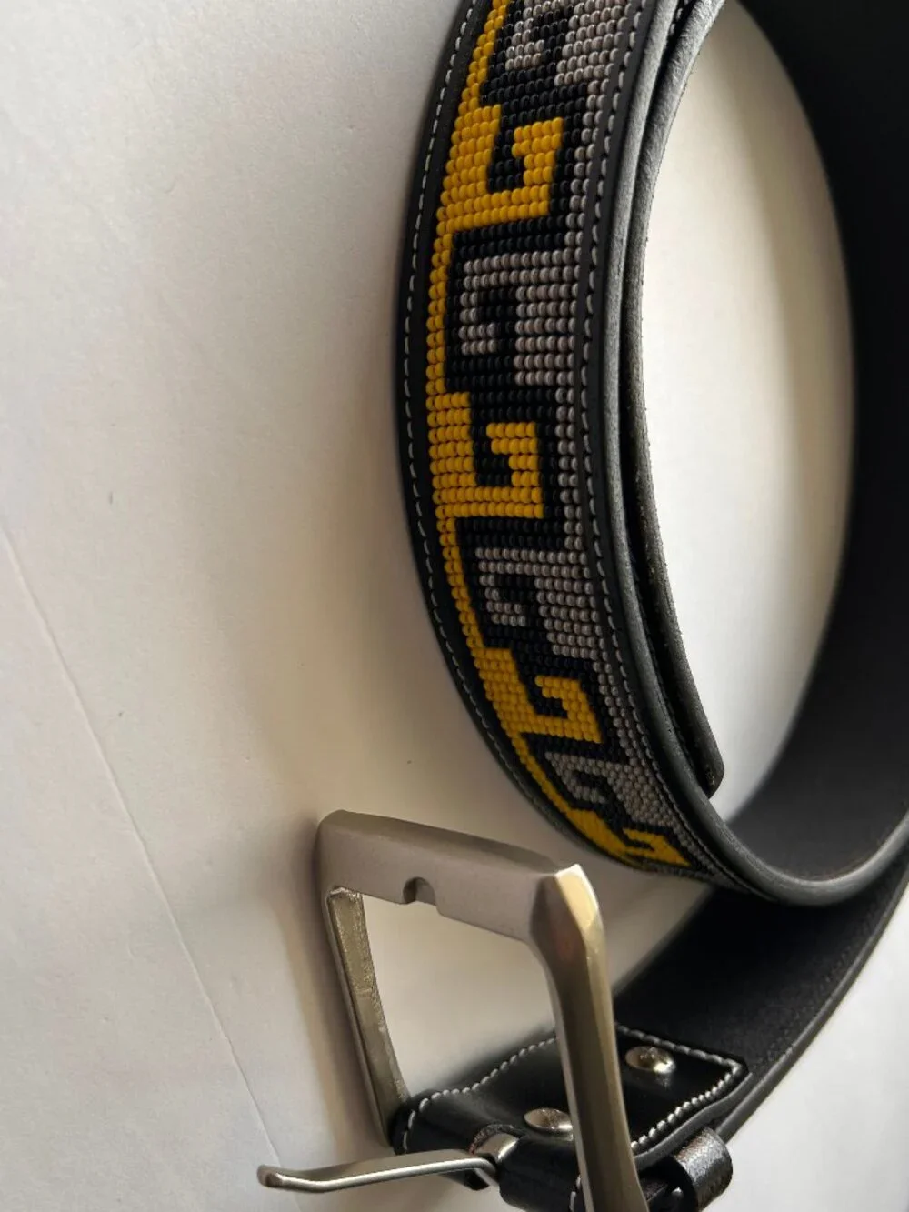 Black Beaded Belt Geometric Pattern Yellow Gray Unisex Faux Leather